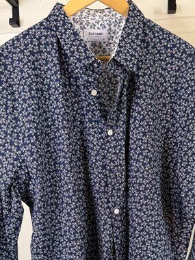 Duchamp London Flip Cuff Floral Print Dress Shirt XL Navy White